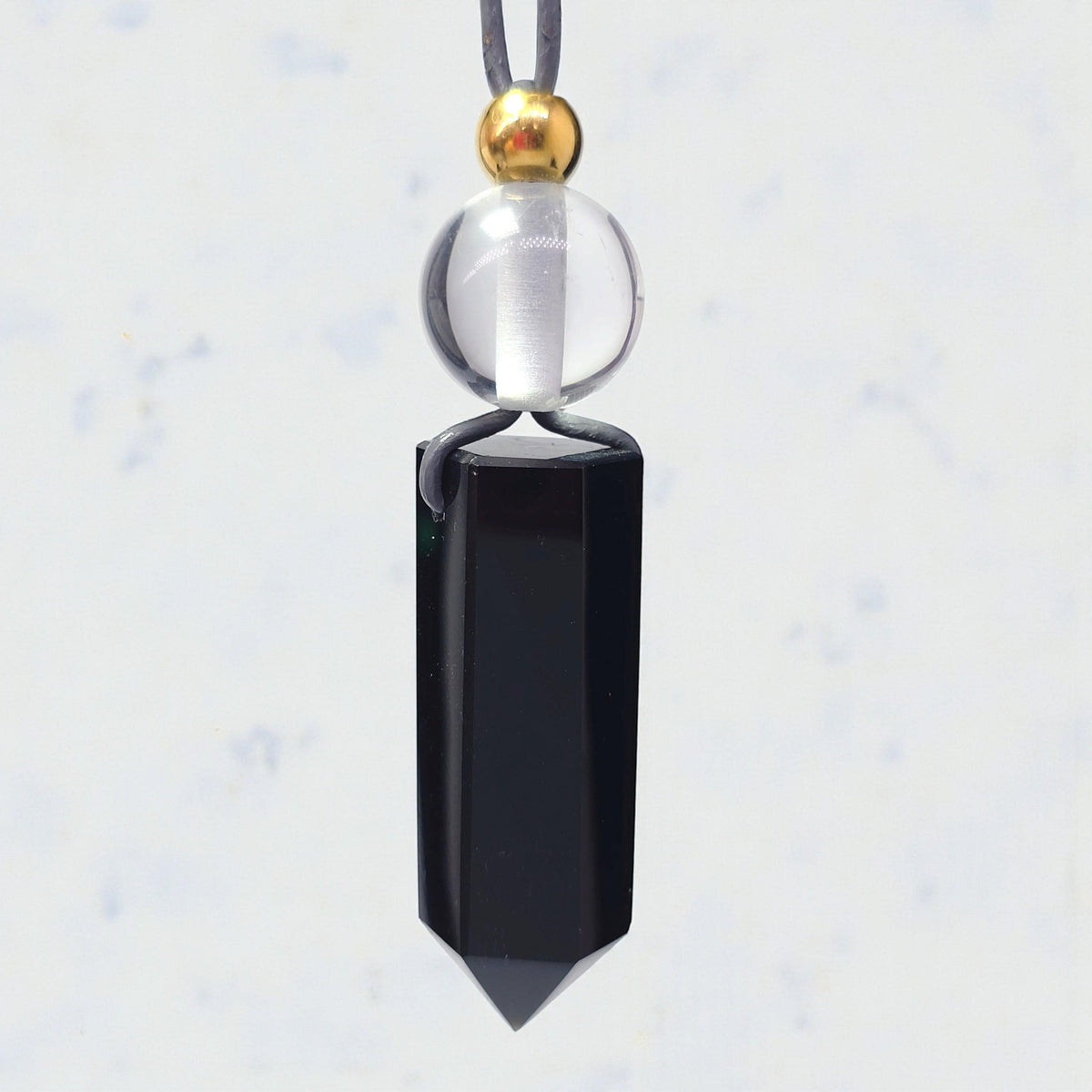 Obsidian Point Necklace, Chunky Natural Clear Quartz Crystal Hexagonal Wand Pendant for Men Women, Adjustable Leather Cord