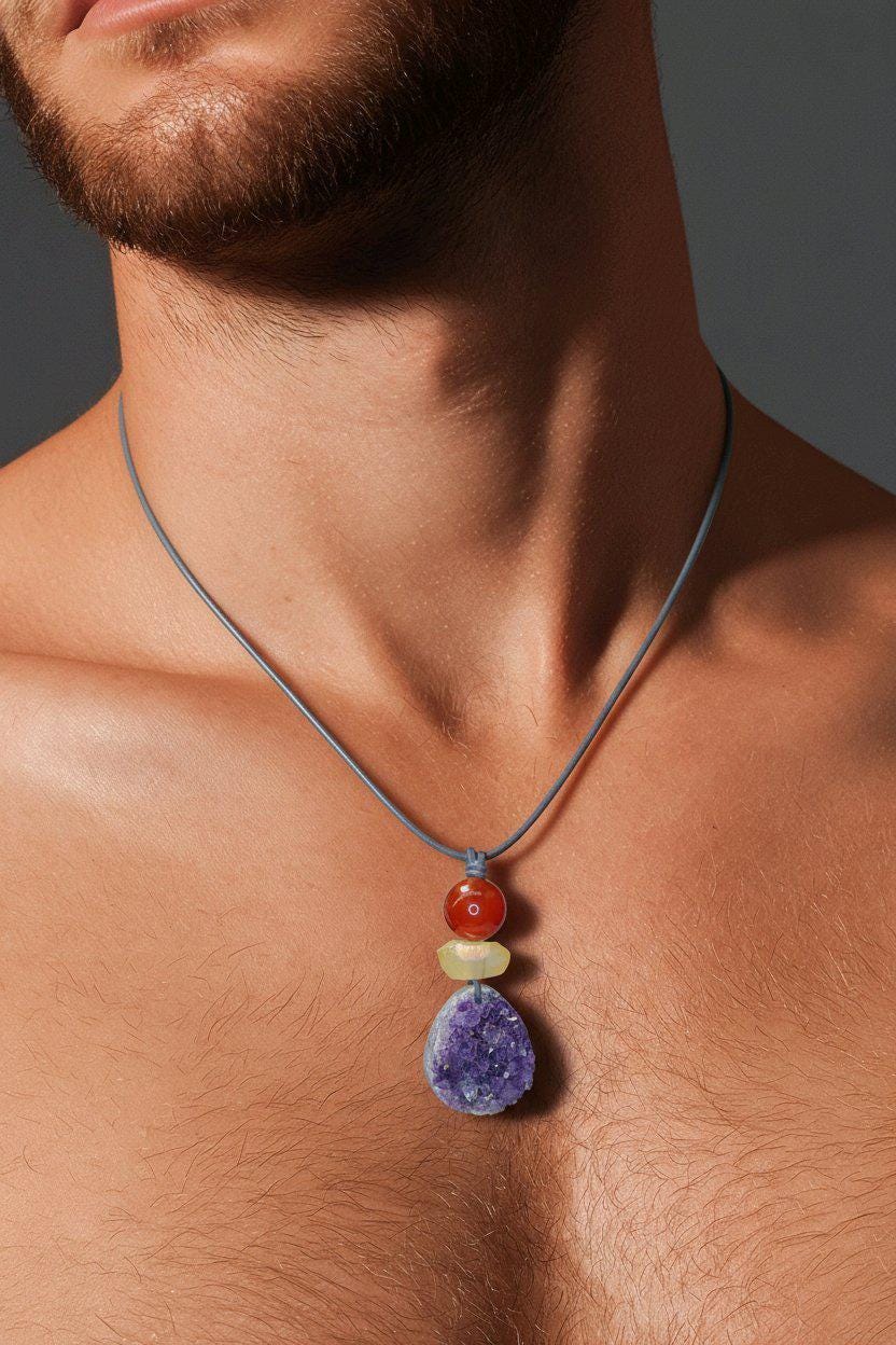 Amethyst Necklace Natural Crystal Druzy Pendant, Chunky Carnelian Geometric Jewelry for Men Women with Adjustable Leather Cord up to 30