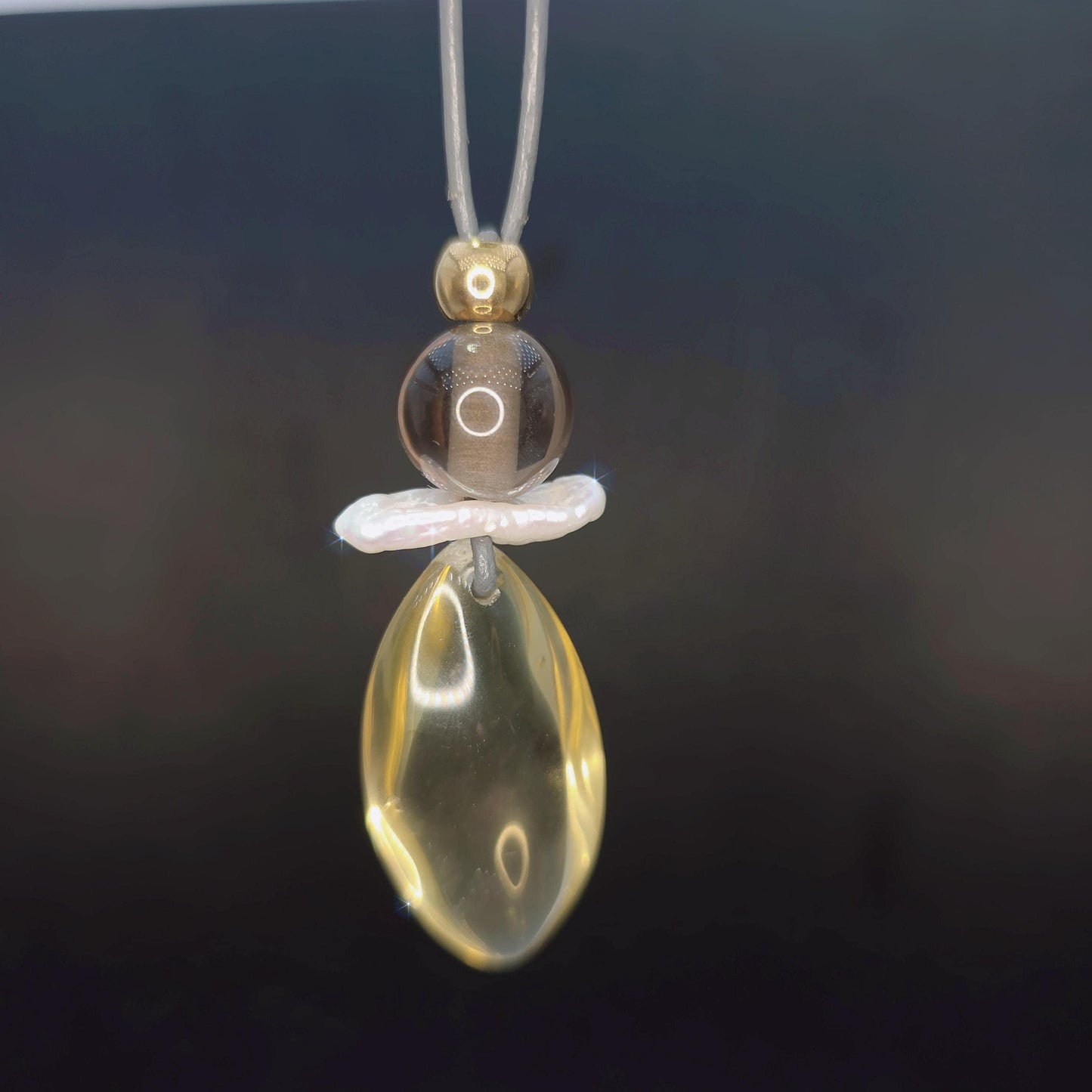 Natural citrine necklace, pearl, smoky quartz pendant jewelry, adjustable real leather cord up to 30 inches, chunky quartz jewelry