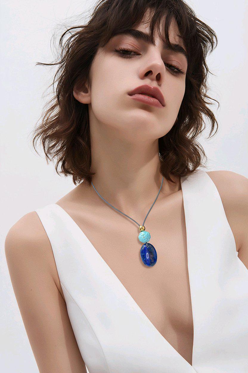 Lapis Lazuli Necklace Turquoise Natural Crystal Chunky Stone Jewelry for Men Women Protection Talisman Adjustable Leather Cord
