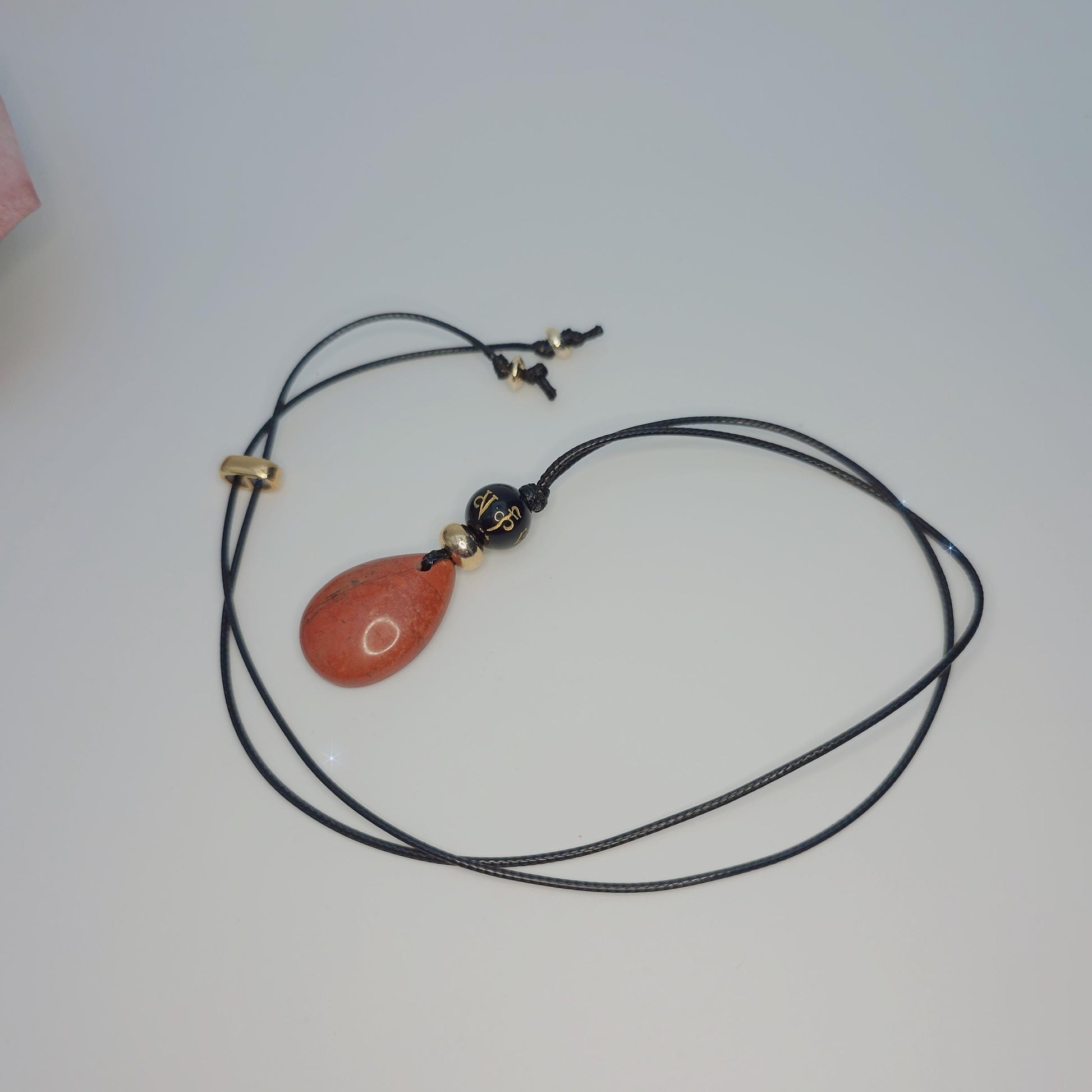 Red jasper black onyx necklace ,The Six-Syllable Mantra Pendant prayer jewelry adjustble cord up to 24 inches, Chunky Stone Spiritual Gift