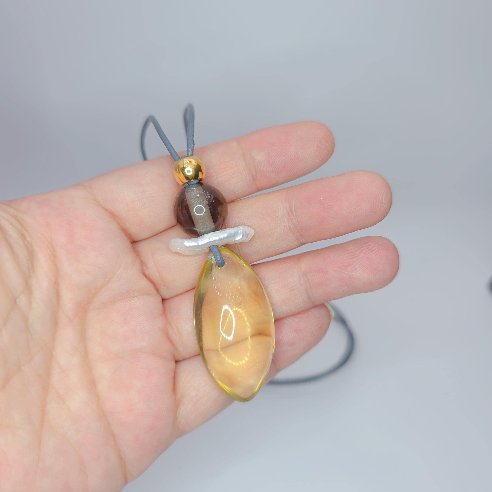 Natural citrine necklace, pearl, smoky quartz pendant jewelry, adjustable real leather cord up to 30 inches, chunky quartz jewelry