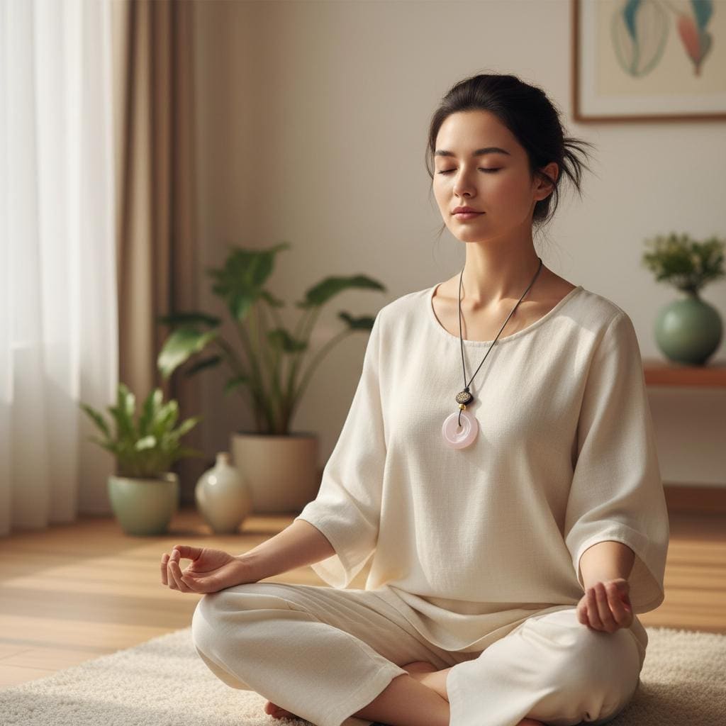 Rose Quartz Necklace Lotus Sandalwood Pendant Natural Crystal Chunky Peace Buckle Jewelry for Women Men Gift Adjustable Leather Cord