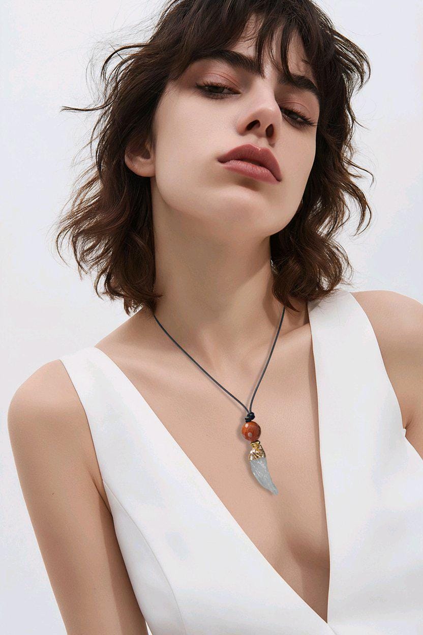 Raw Green Amethyst Necklace, Red Jasper Chunky Crystal Pendant, Boho Protection Jewelry, Healing Stone Gift, adjustable leather cord