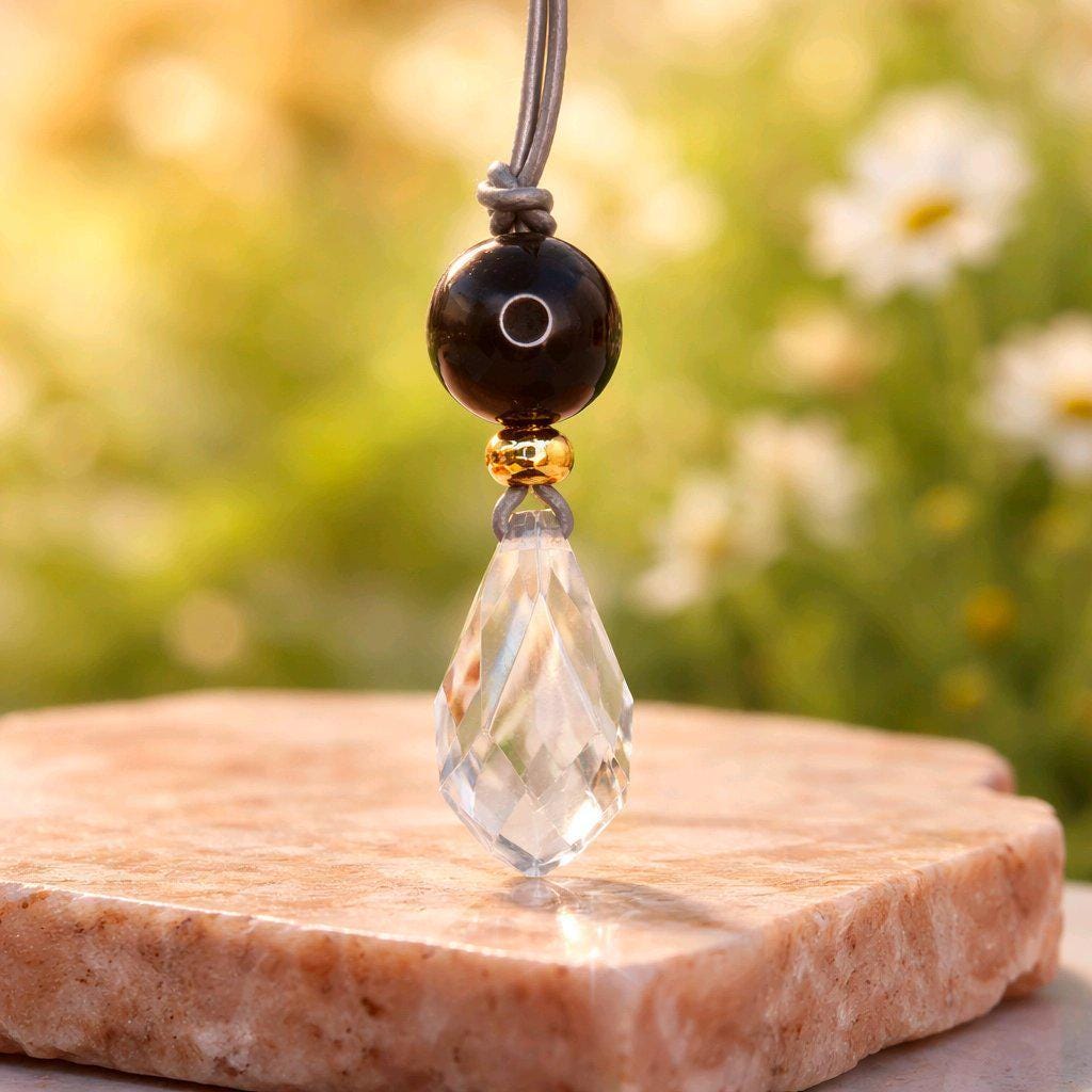 Chunky Natural Clear Quartz Necklace Genuine Obsidian Pendant Protective Energetic Crystal Healing jewelry 30" Adjustable chain