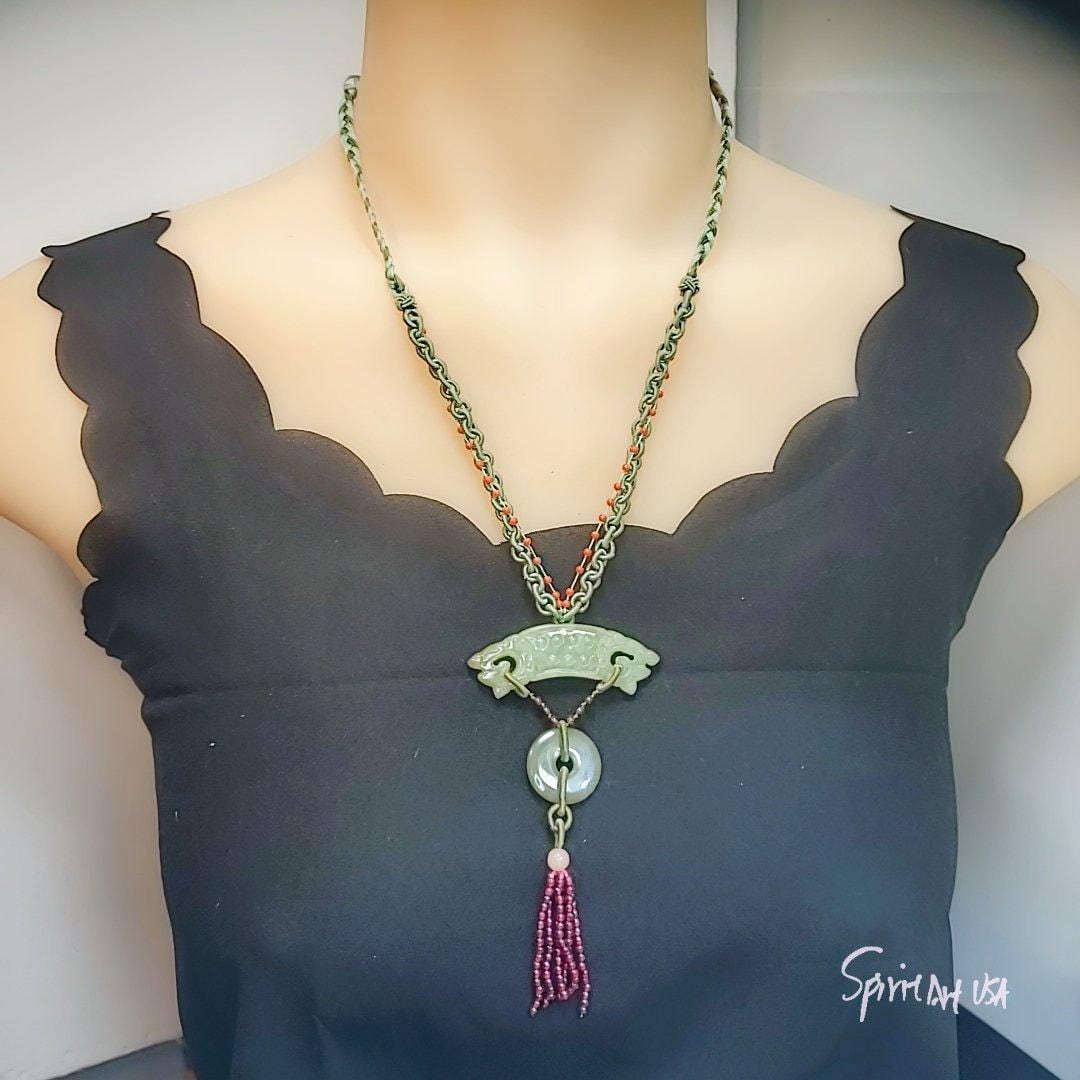 Jade Necklace, Green Jadeite Dragon Totem Jewelry : Sterling Silver Archaistic Jewelry , Chunky Stone Spiritual Gift