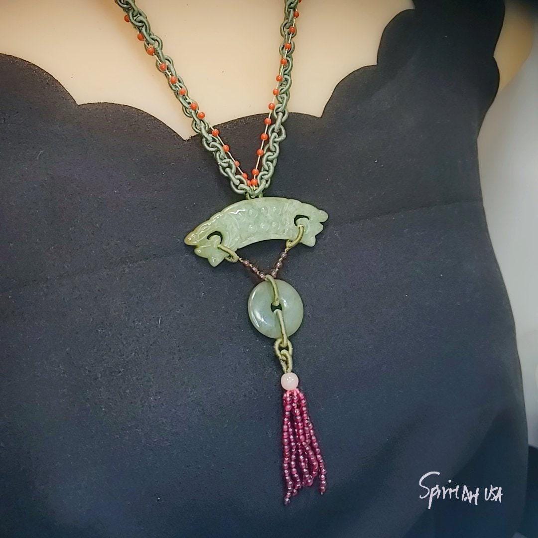 Jade Necklace, Green Jadeite Dragon Totem Jewelry : Sterling Silver Archaistic Jewelry , Chunky Stone Spiritual Gift