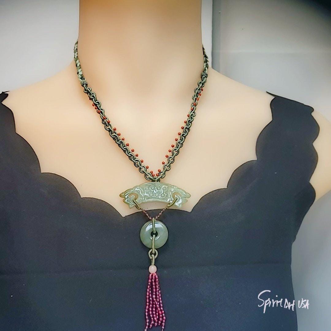 Jade Necklace, Green Jadeite Dragon Totem Jewelry : Sterling Silver Archaistic Jewelry , Chunky Stone Spiritual Gift
