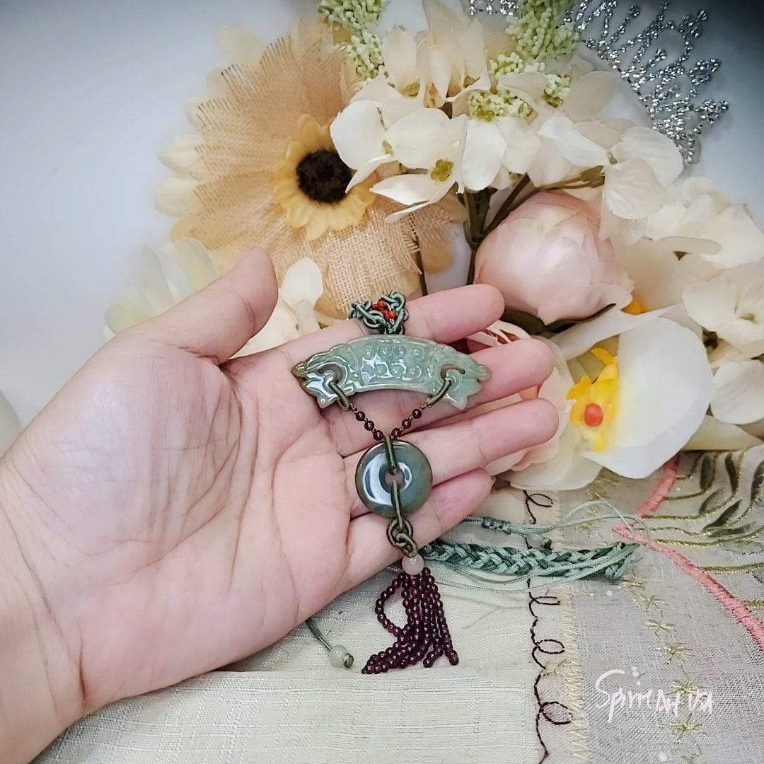 Jade Necklace, Green Jadeite Dragon Totem Jewelry : Sterling Silver Archaistic Jewelry , Chunky Stone Spiritual Gift