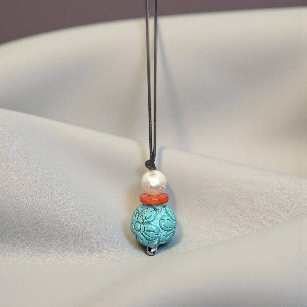Chunky Turquoise Necklace Leather cord , Large Lotus Flower Jewelry Pearl Coral Long Chain Adjustable UP to 30" chunky stone jewelry #2341