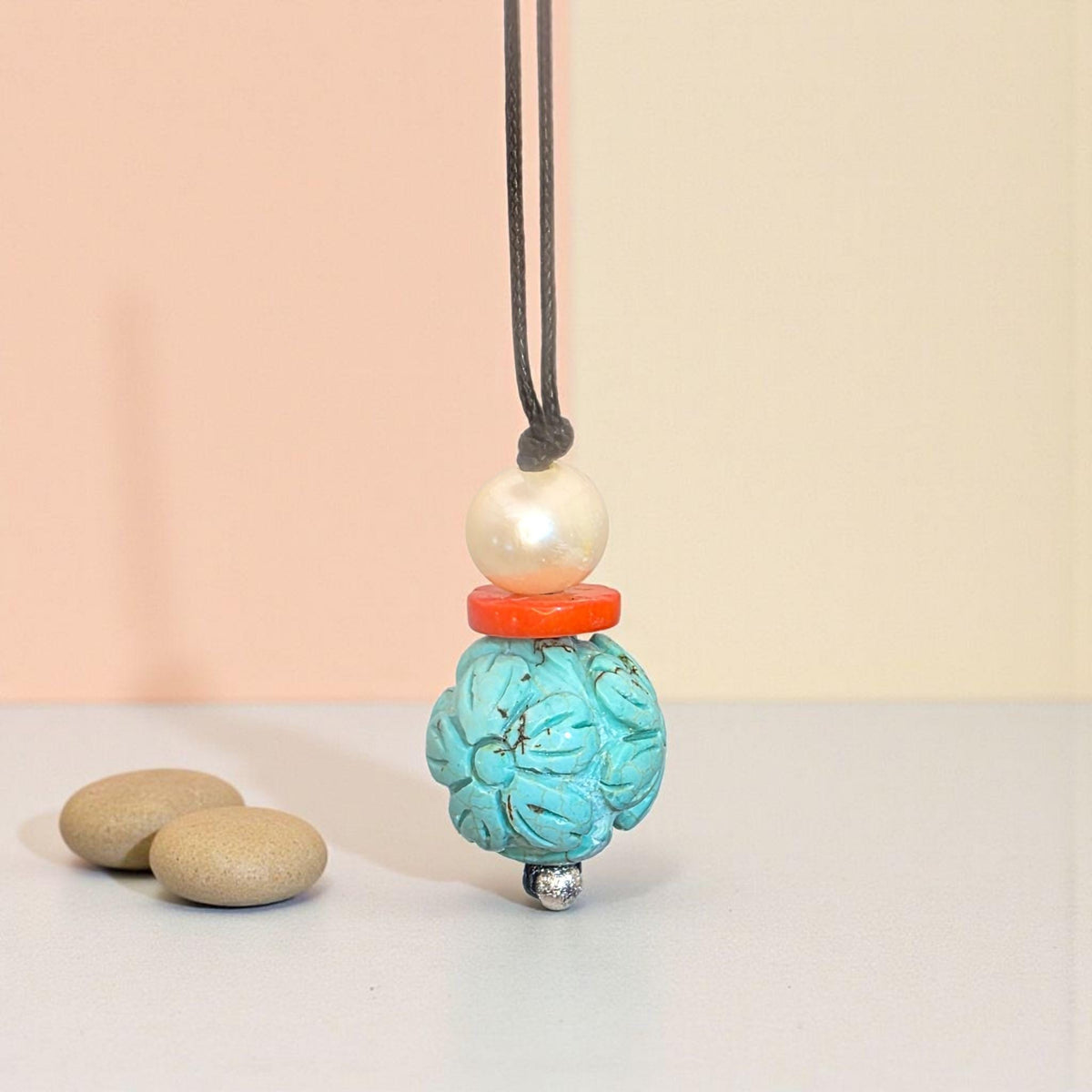 Chunky Turquoise Necklace Leather cord , Large Lotus Flower Jewelry Pearl Coral Long Chain Adjustable UP to 30" chunky stone jewelry #2341