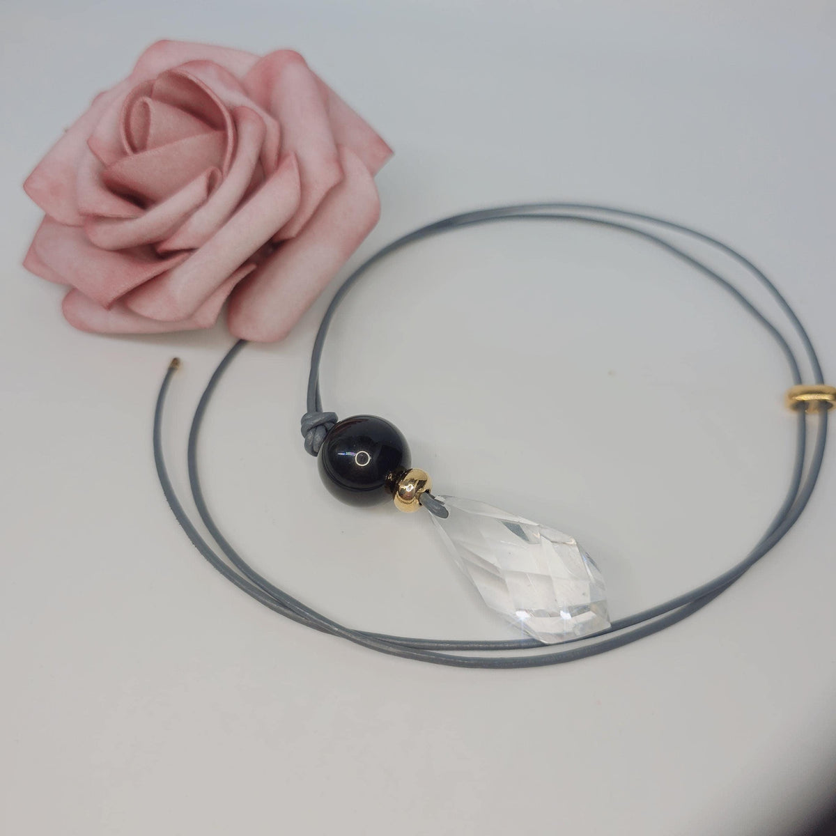 Chunky Natural Clear Quartz Necklace Genuine Obsidian Pendant Protective Energetic Crystal Healing jewelry 30" Adjustable chain