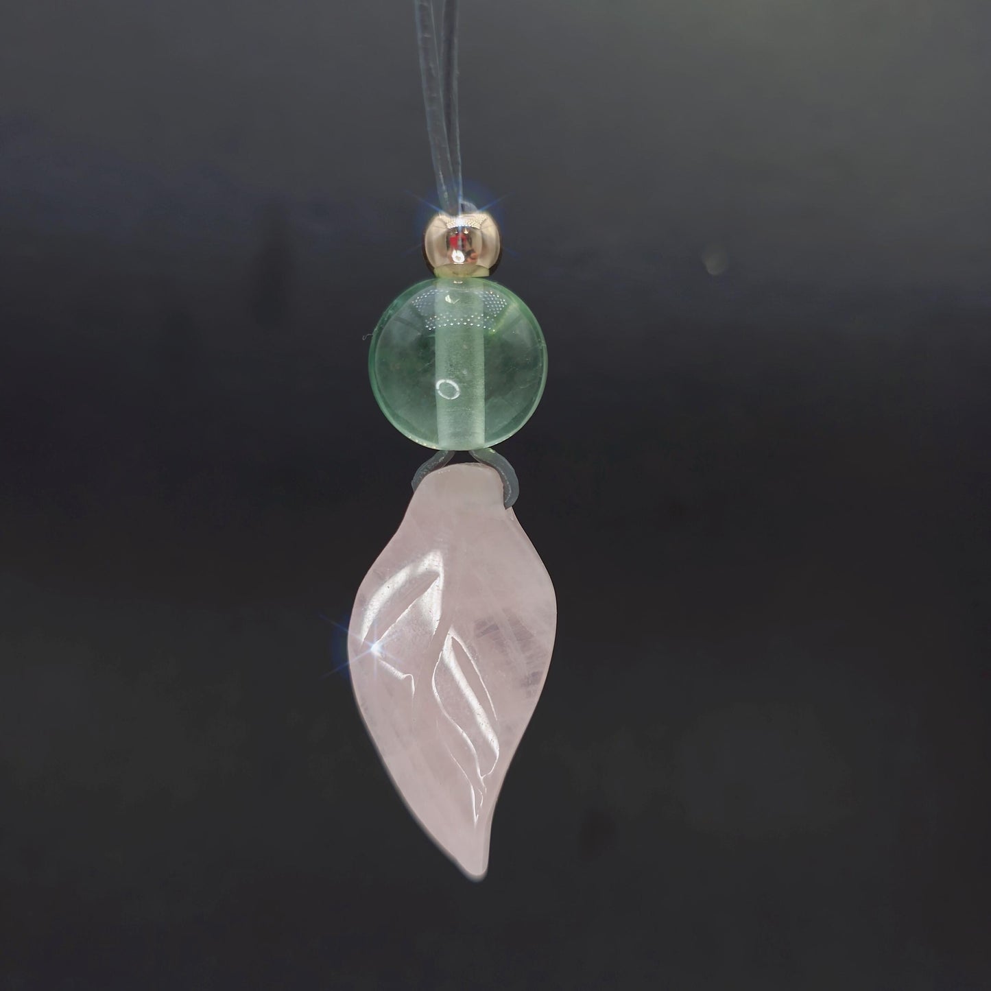 Rose Quartz Leaf Necklace Natural Fluorite Chunky Crystal Jewelry for Love, Spiritual Healing Birthstone Gift, Adjustable Leather Cord