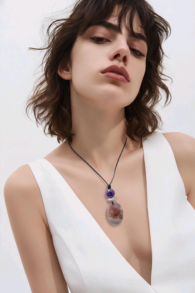 Chevron Amethyst Necklace Crystal Healing Jewelry for Her Unique Chunky Stone Pendant Gift with Adjustable Leather Cord