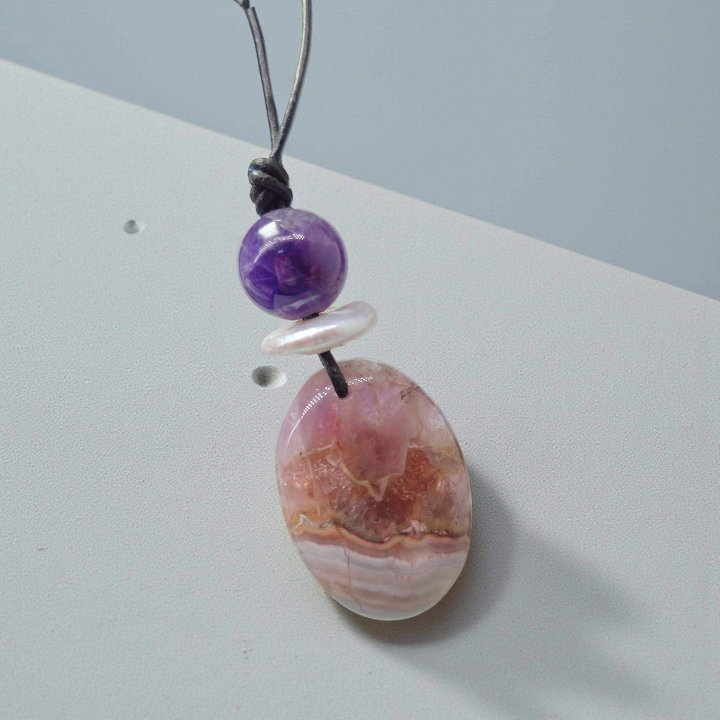 Chevron Amethyst Necklace Crystal Healing Jewelry for Her Unique Chunky Stone Pendant Gift with Adjustable Leather Cord