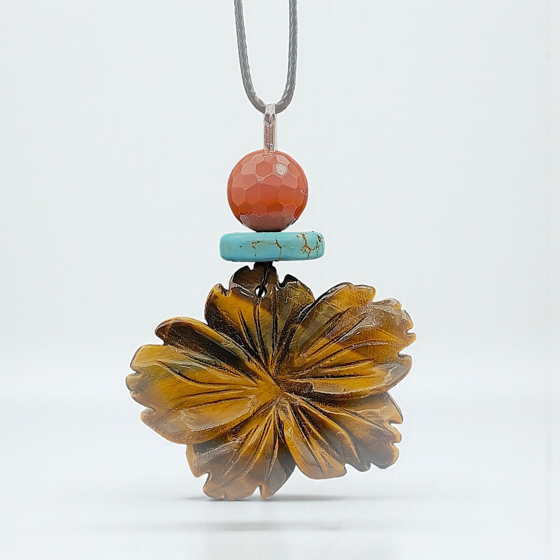 Hand-Carved Tiger's Eye Flower Pendant Necklace, Genuine Turquoise Red Jasper Beads, Adjustable Cord Boho chunky stone jewelry #2331