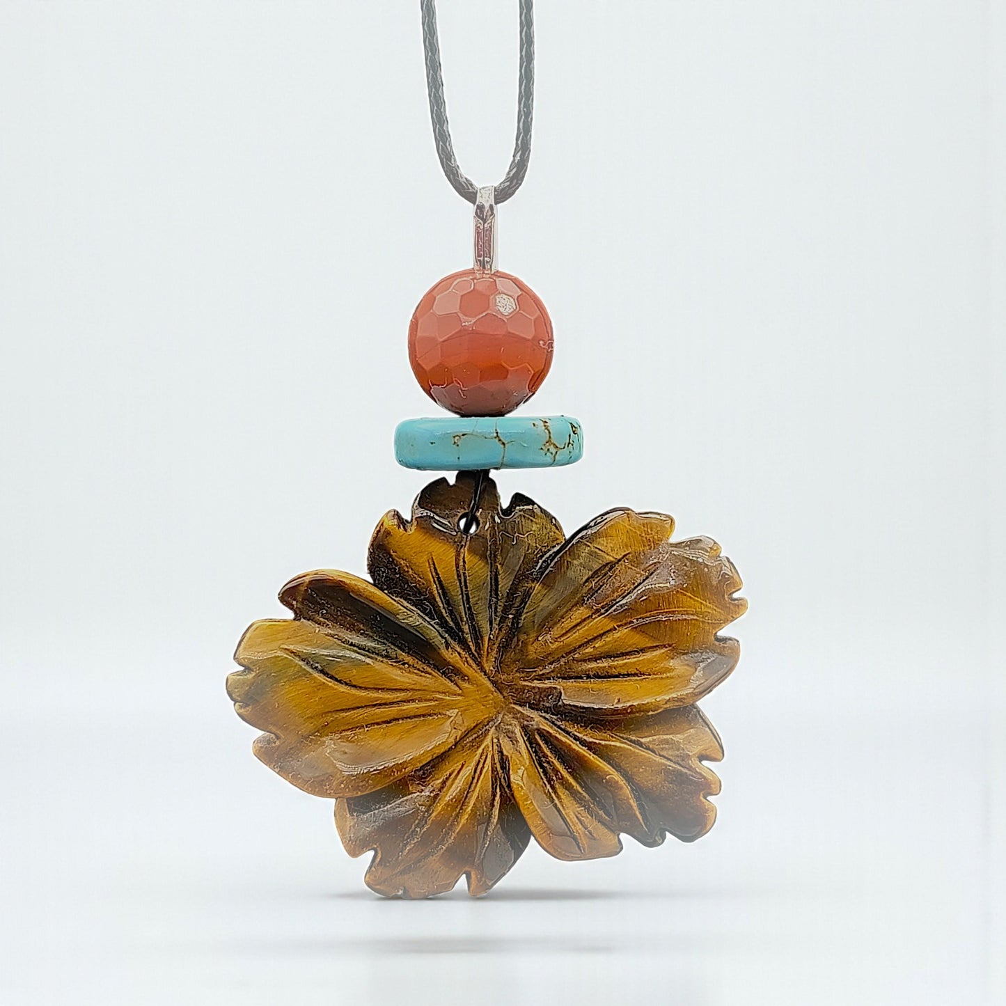 Hand-Carved Tiger's Eye Flower Pendant Necklace, Genuine Turquoise Red Jasper Beads, Adjustable Cord Boho chunky stone jewelry #2331