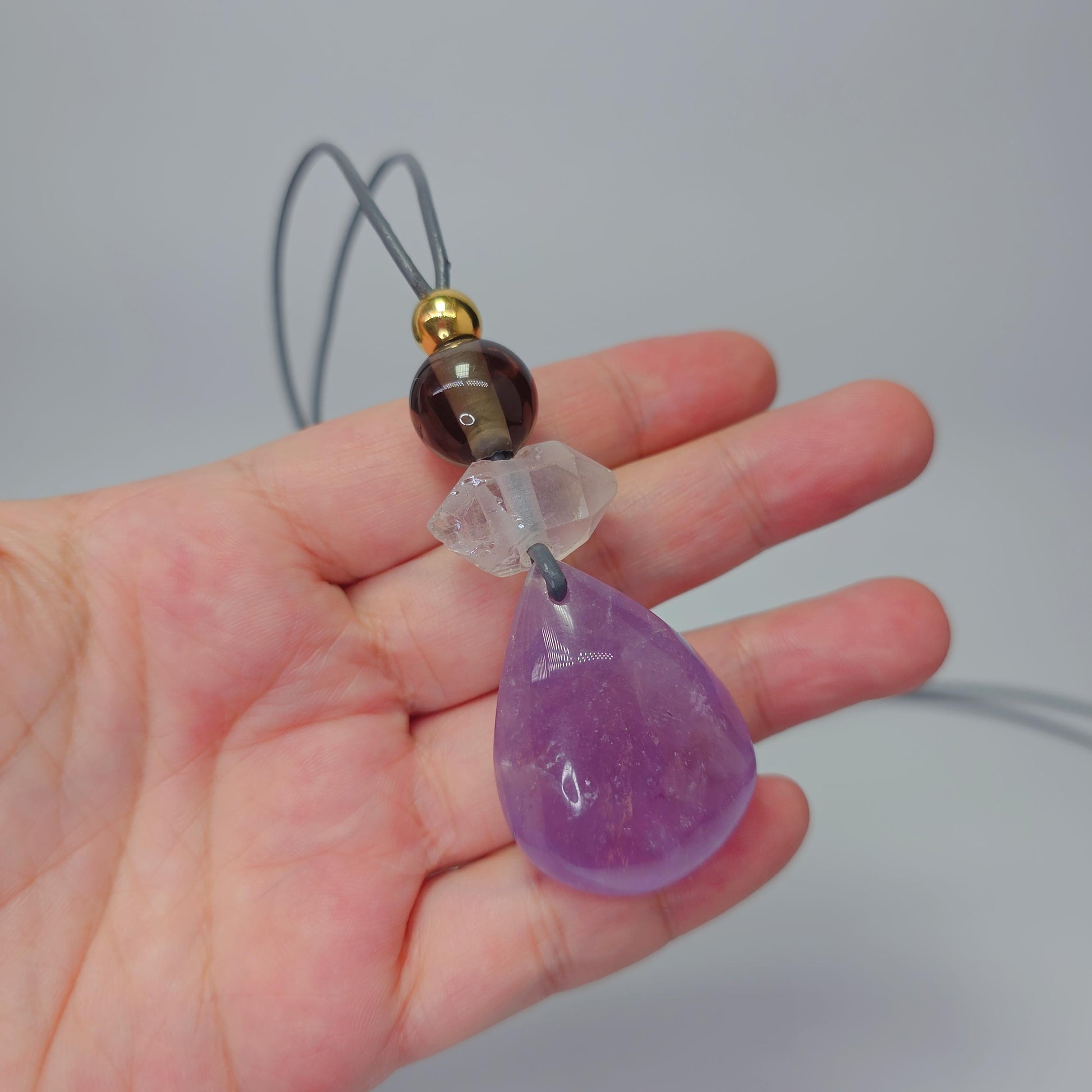Amethyst Necklace Natural Crystal Chunky Smoky Quartz Pendant for Men Women Spiritual Healing Jewelry Adjustable Leather Cord