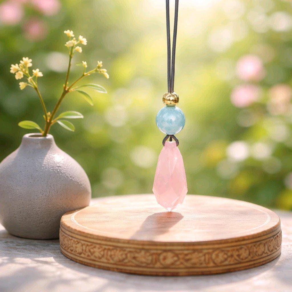 Rose Quartz Faceted Necklace, Chunky Aquamarine Crystal Healing Jewelry, Romantic Love Stone Pendant, Adjustable Leather Cord