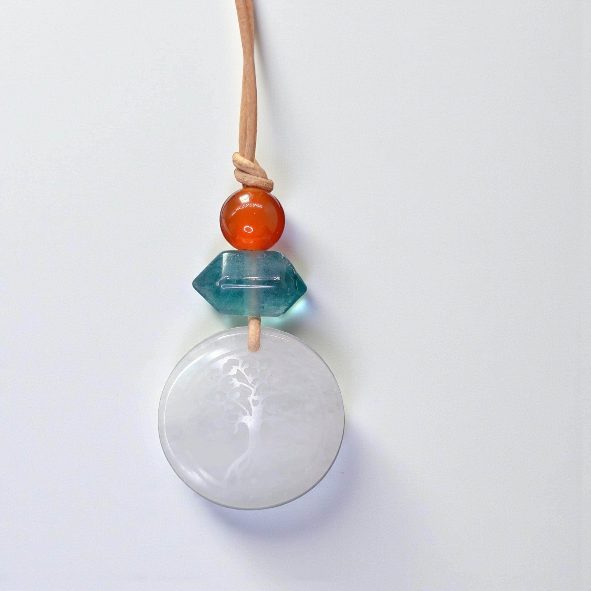 White Agate Necklace, Tree of Life Chunky Crystal Pendant, Fluorite Carnelian Spiritual Jewelry, Zen Gift, adjustable leather cord