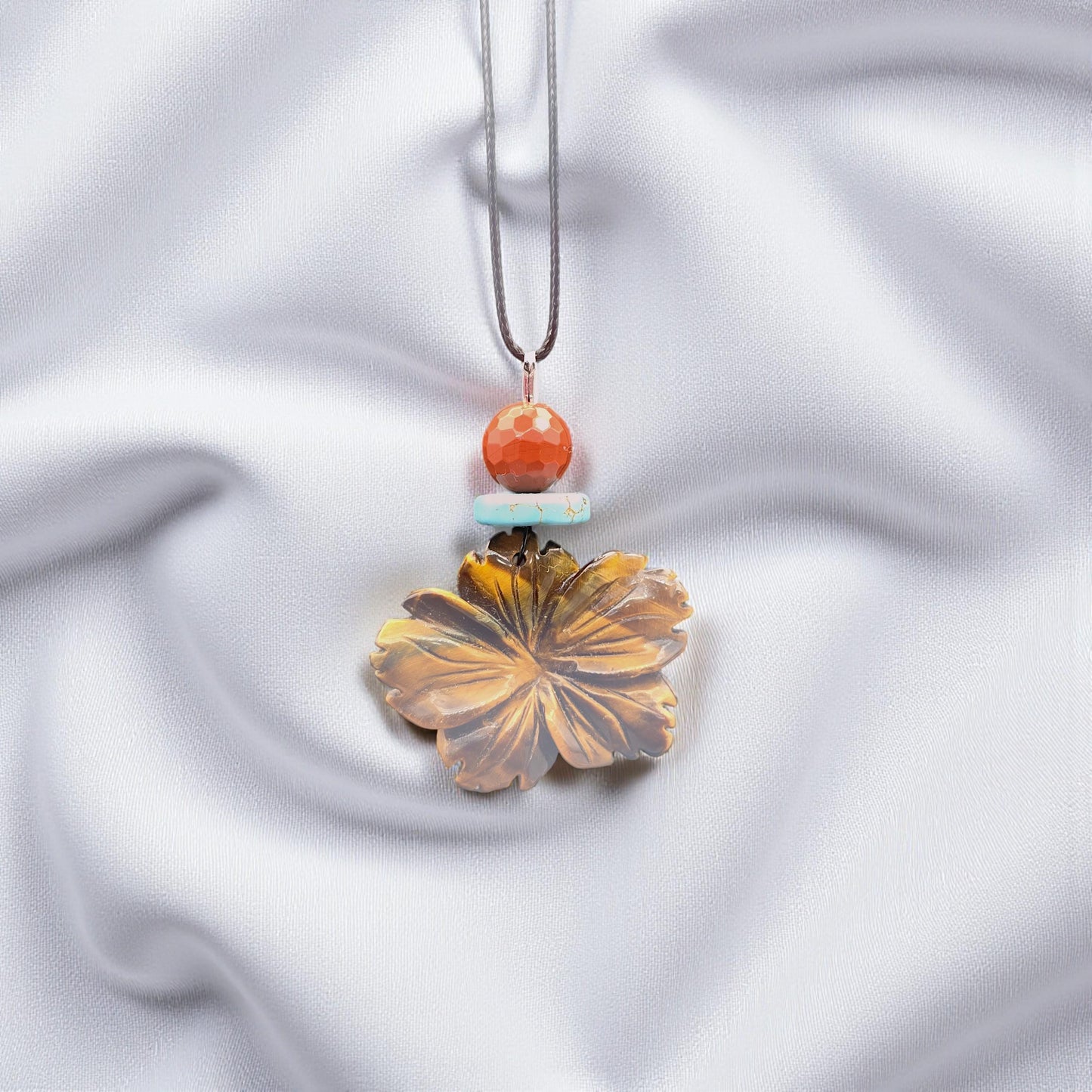 Hand-Carved Tiger's Eye Flower Pendant Necklace, Genuine Turquoise Red Jasper Beads, Adjustable Cord Boho chunky stone jewelry #2331