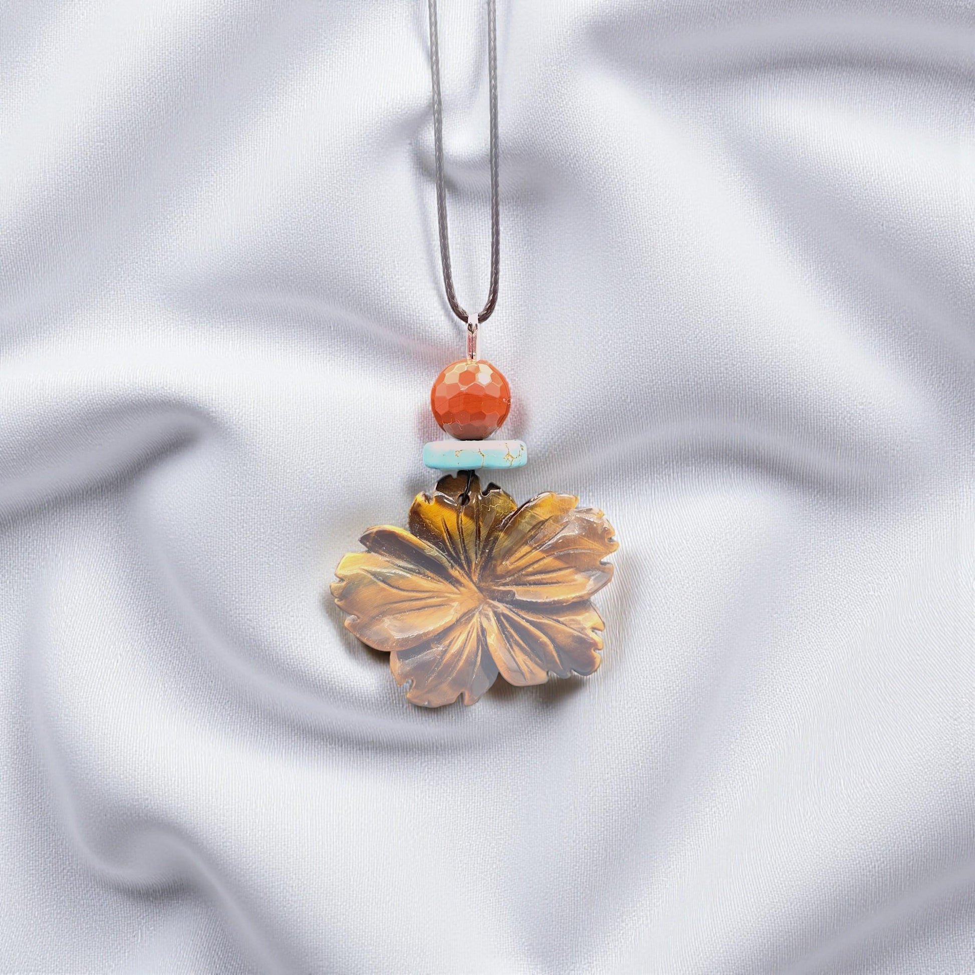 Hand-Carved Tiger's Eye Flower Pendant Necklace, Genuine Turquoise Red Jasper Beads, Adjustable Cord Boho chunky stone jewelry #2331