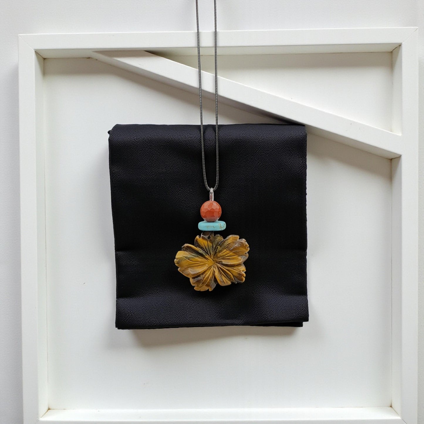 Hand-Carved Tiger's Eye Flower Pendant Necklace, Genuine Turquoise Red Jasper Beads, Adjustable Cord Boho chunky stone jewelry #2331
