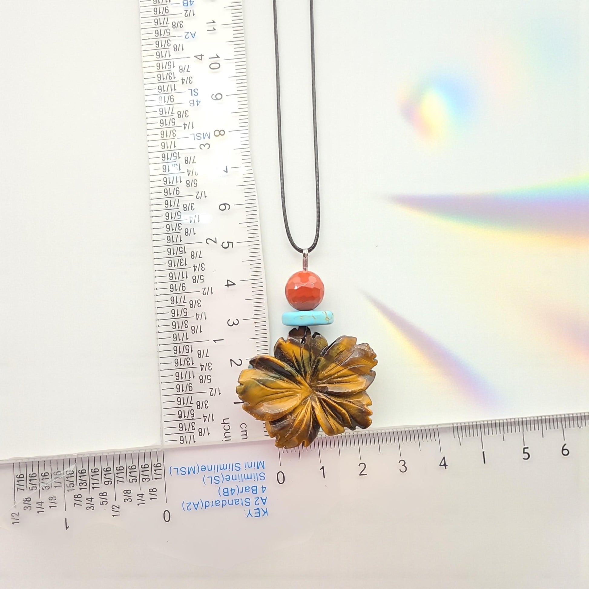 Hand-Carved Tiger's Eye Flower Pendant Necklace, Genuine Turquoise Red Jasper Beads, Adjustable Cord Boho chunky stone jewelry #2331