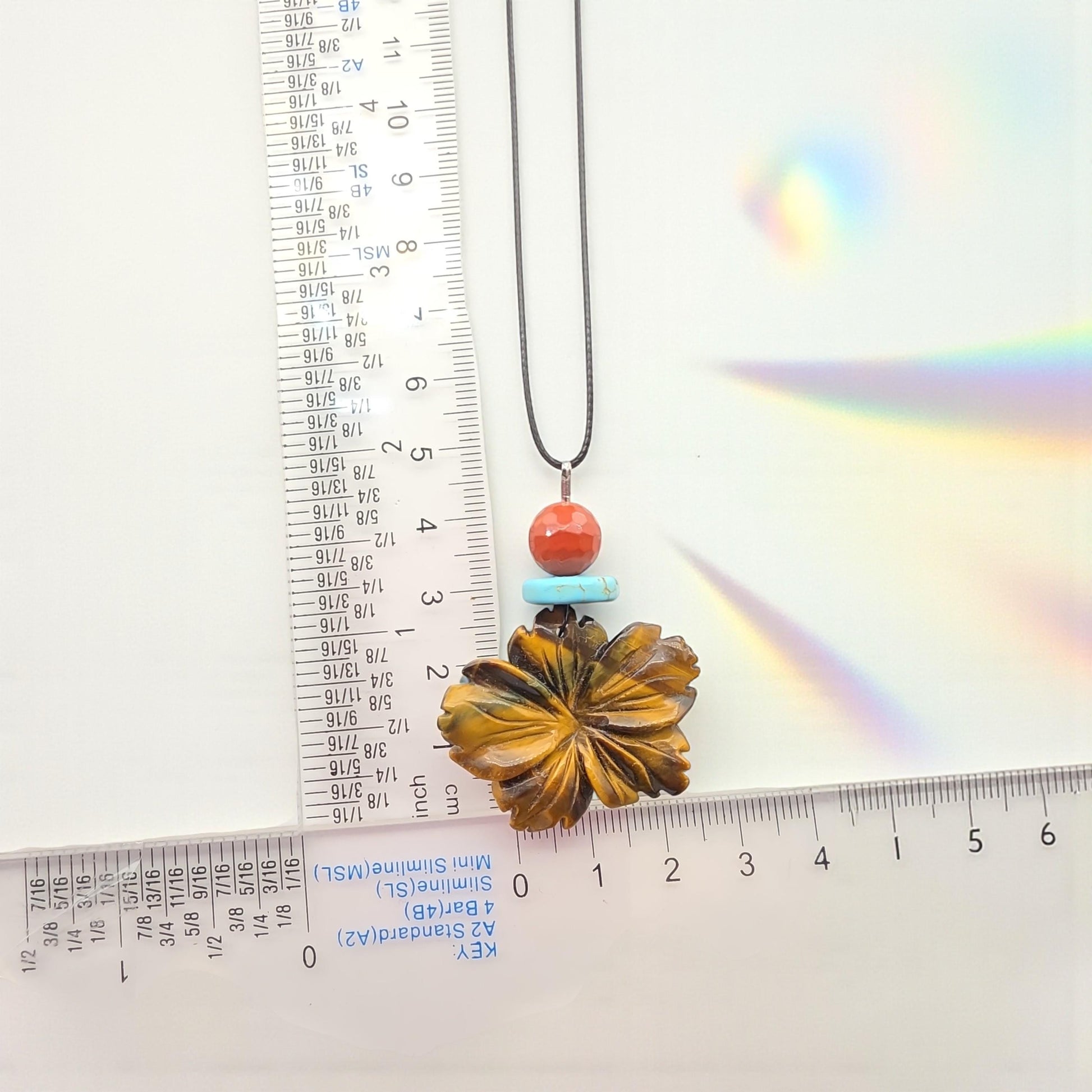 Hand-Carved Tiger's Eye Flower Pendant Necklace, Genuine Turquoise Red Jasper Beads, Adjustable Cord Boho chunky stone jewelry #2331
