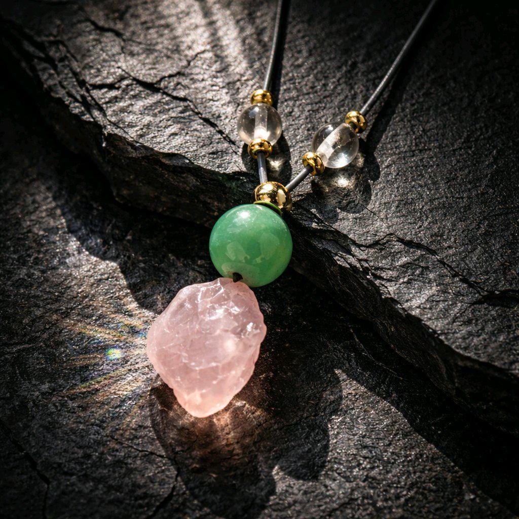 Rose Quartz Necklace Green Aventurine Chunky Raw Crystal Pendant for Women, Love and Luck Jewelry, Adjustable Leather Cord