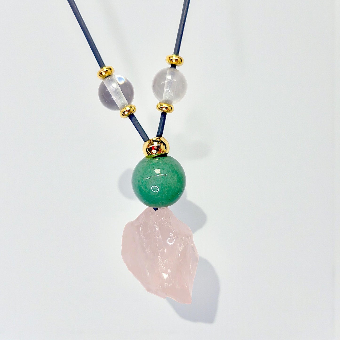 Rose Quartz Necklace Green Aventurine Chunky Raw Crystal Pendant for Women, Love and Luck Jewelry, Adjustable Leather Cord