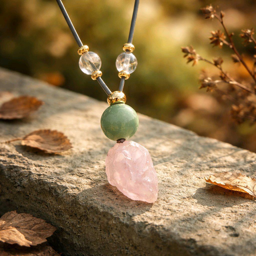 Rose Quartz Necklace Green Aventurine Chunky Raw Crystal Pendant for Women, Love and Luck Jewelry, Adjustable Leather Cord