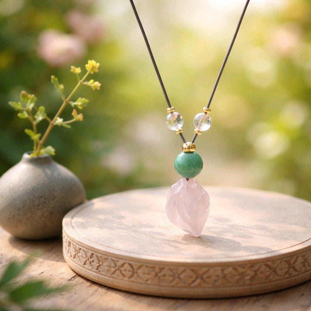Rose Quartz Necklace Green Aventurine Chunky Raw Crystal Pendant for Women, Love and Luck Jewelry, Adjustable Leather Cord