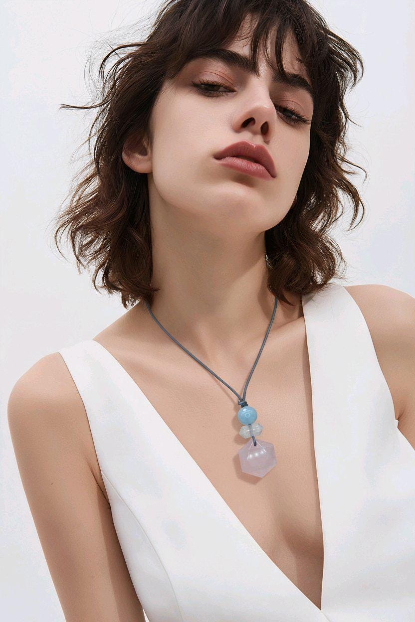Rose Quartz Hexagon Necklace, Clear Quartz Chunky Geometric Pendant, Aquamarine Birthstone Jewelry for Women, Adjustable Leather Cord