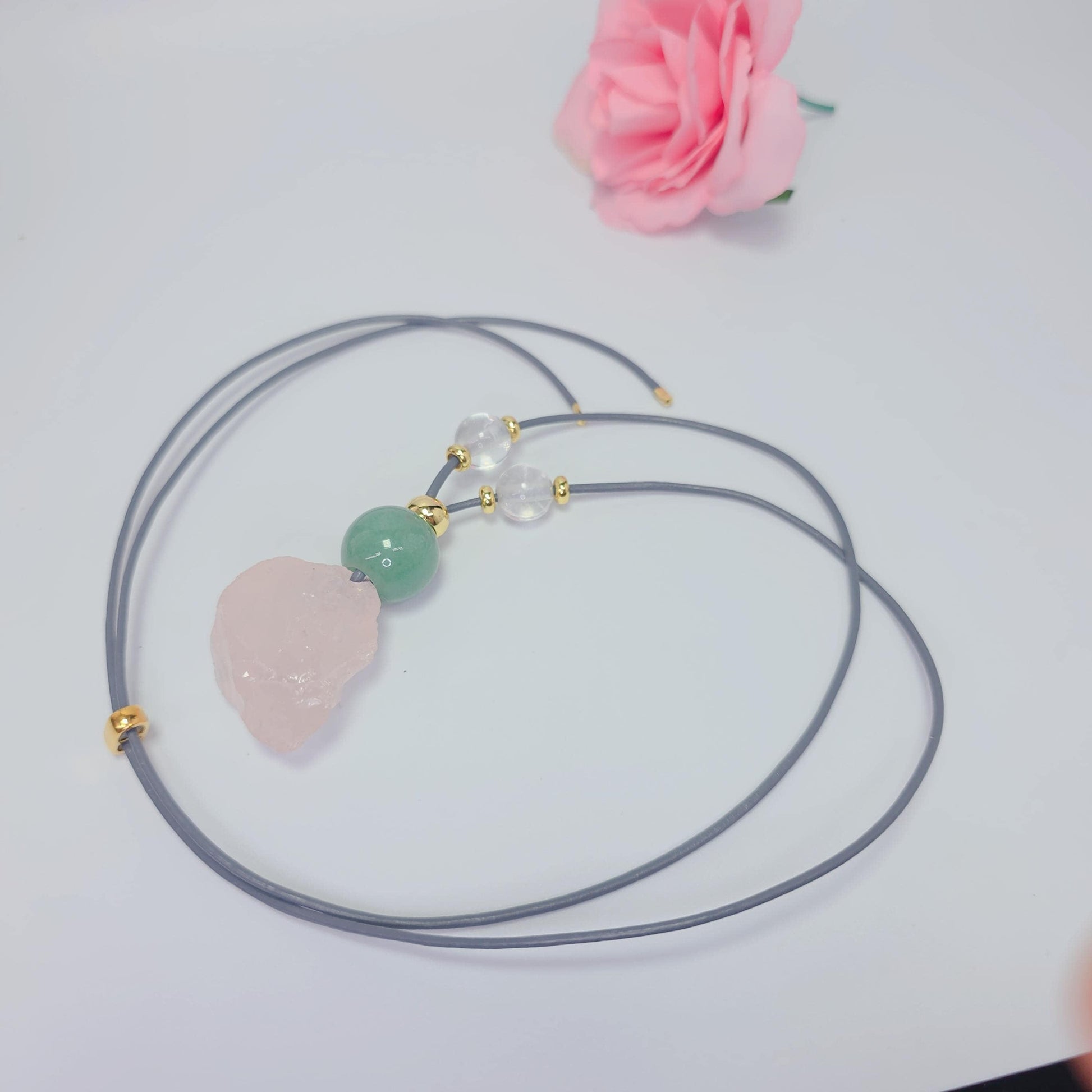 Rose Quartz Necklace Green Aventurine Chunky Raw Crystal Pendant for Women, Love and Luck Jewelry, Adjustable Leather Cord