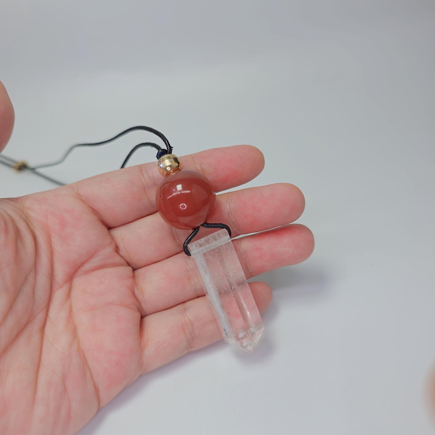 Clear Quartz Necklace, Red Agate Chunky Crystal Pendant, Healing Spiritual Jewelry, Protection Gift, adjustable leather cord