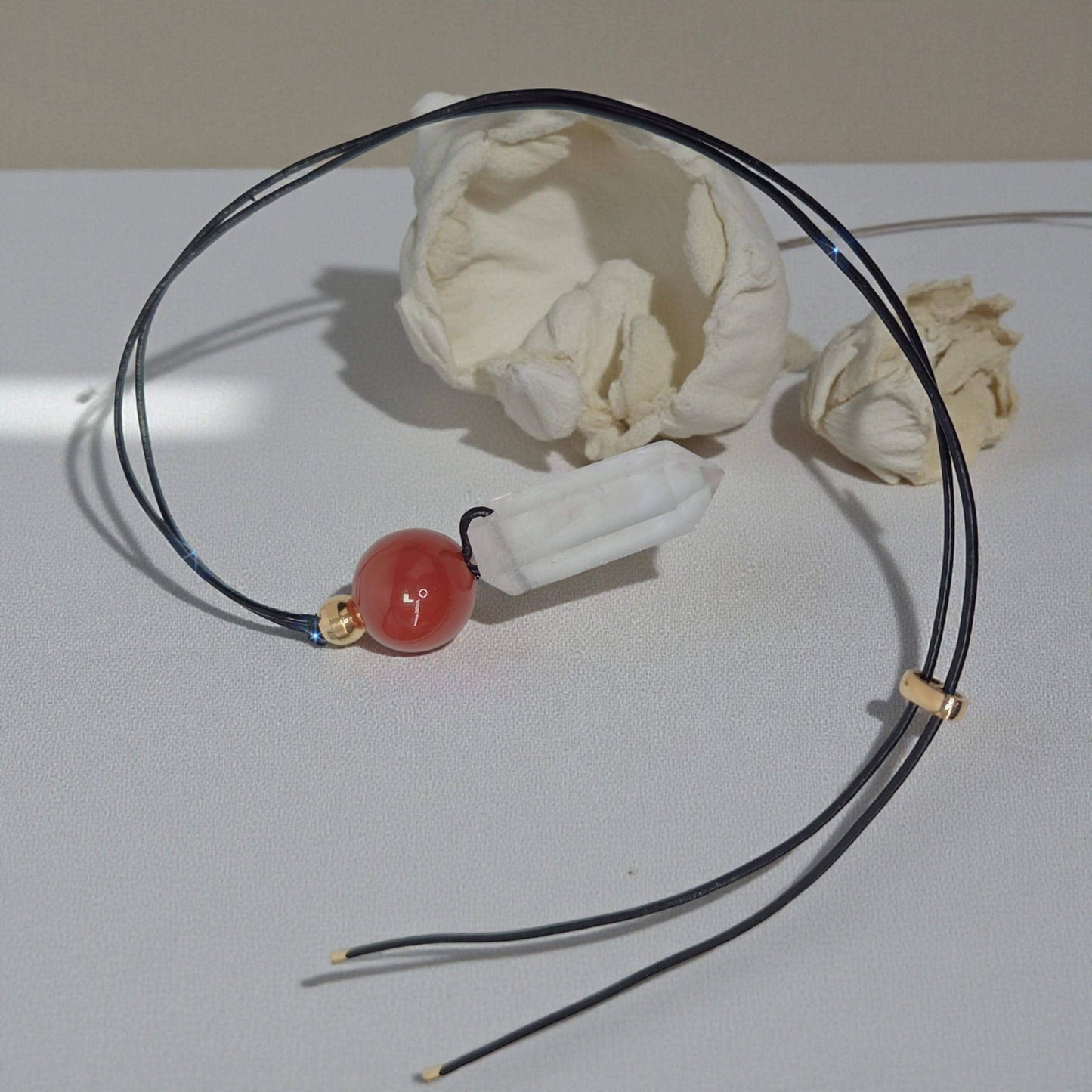 Clear Quartz Necklace, Red Agate Chunky Crystal Pendant, Healing Spiritual Jewelry, Protection Gift, adjustable leather cord