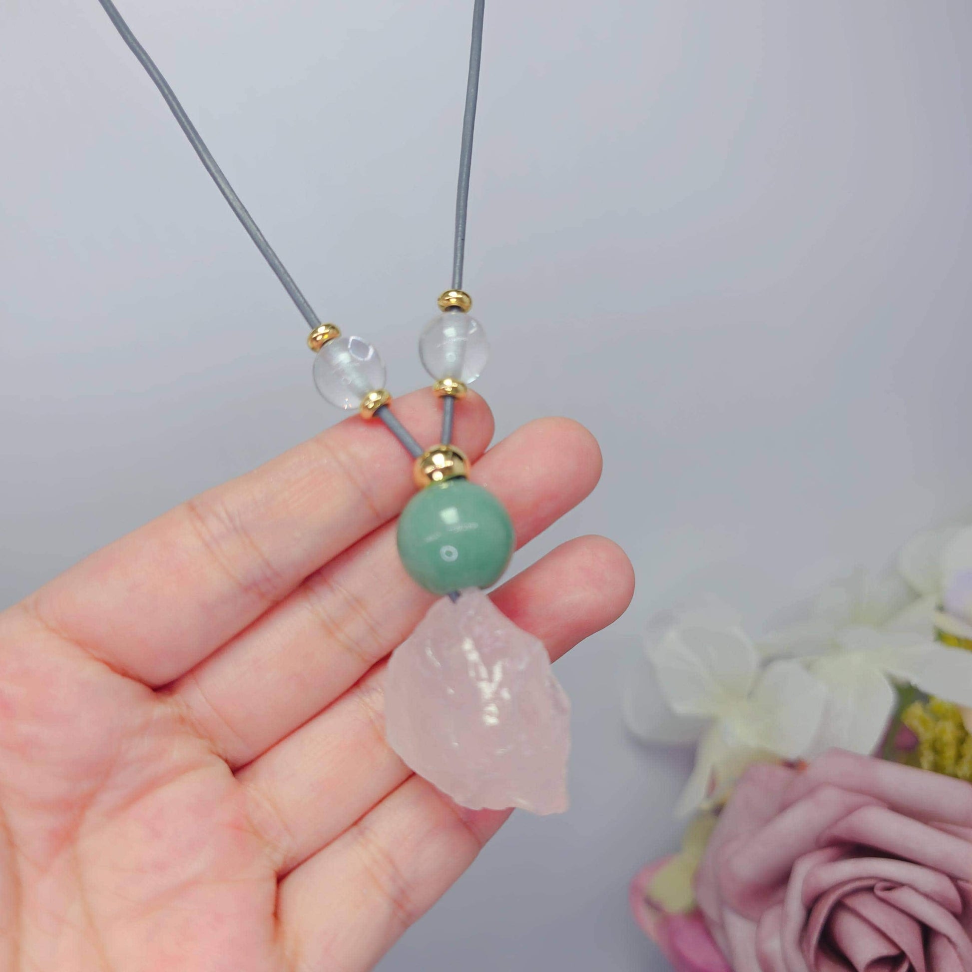 Rose Quartz Necklace Green Aventurine Chunky Raw Crystal Pendant for Women, Love and Luck Jewelry, Adjustable Leather Cord