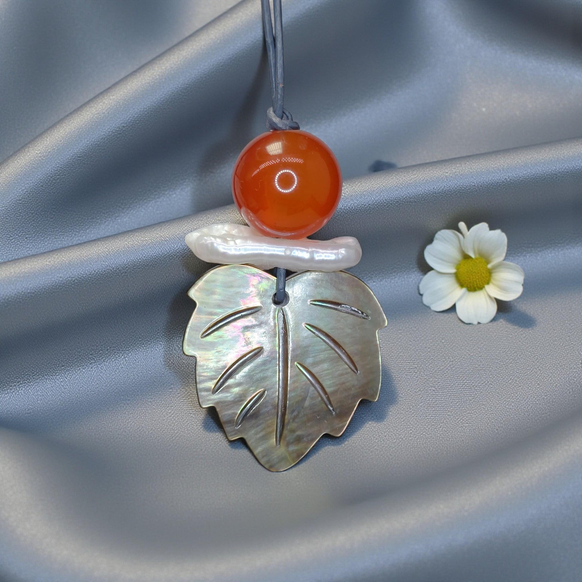 Red Carnelian Pearl Shell Leaf Necklace, Chunky Geometric Statement Jewelry, July Birthstone Gift for Her, Adjustable Leather Cord