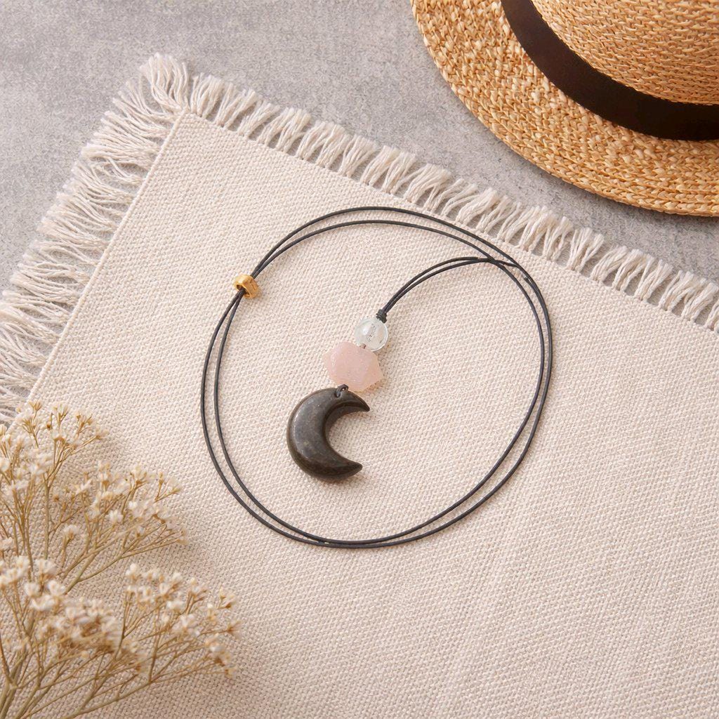Obsidian Moon necklace Chunky Geometric Rose Quartz Pendant. Adjustable leather cord up to 24 inches, Crescent Jewelry Protective Obsidian.