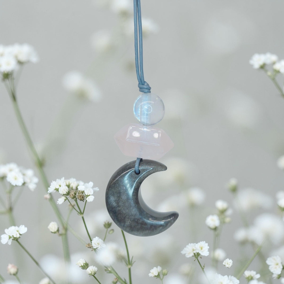 Obsidian Moon necklace Chunky Geometric Rose Quartz Pendant. Adjustable leather cord up to 24 inches, Crescent Jewelry Protective Obsidian.