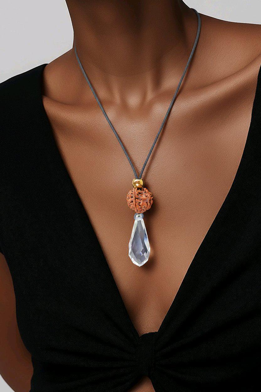 Clear Quartz Point Necklace, Chunky Rudraksha Seed Zen Jewelry, Spiritual Meditation Amulet Pendant, Adjustable Leather Cord