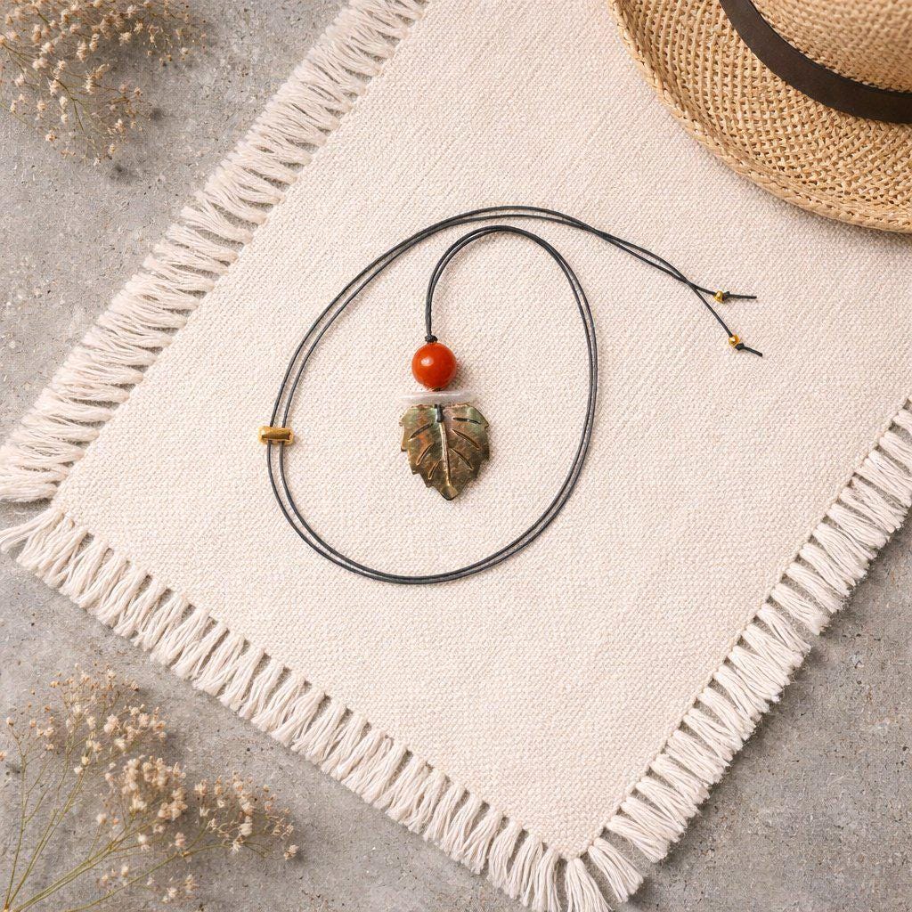 Red Carnelian Pearl Shell Leaf Necklace, Chunky Geometric Statement Jewelry, July Birthstone Gift for Her, Adjustable Leather Cord