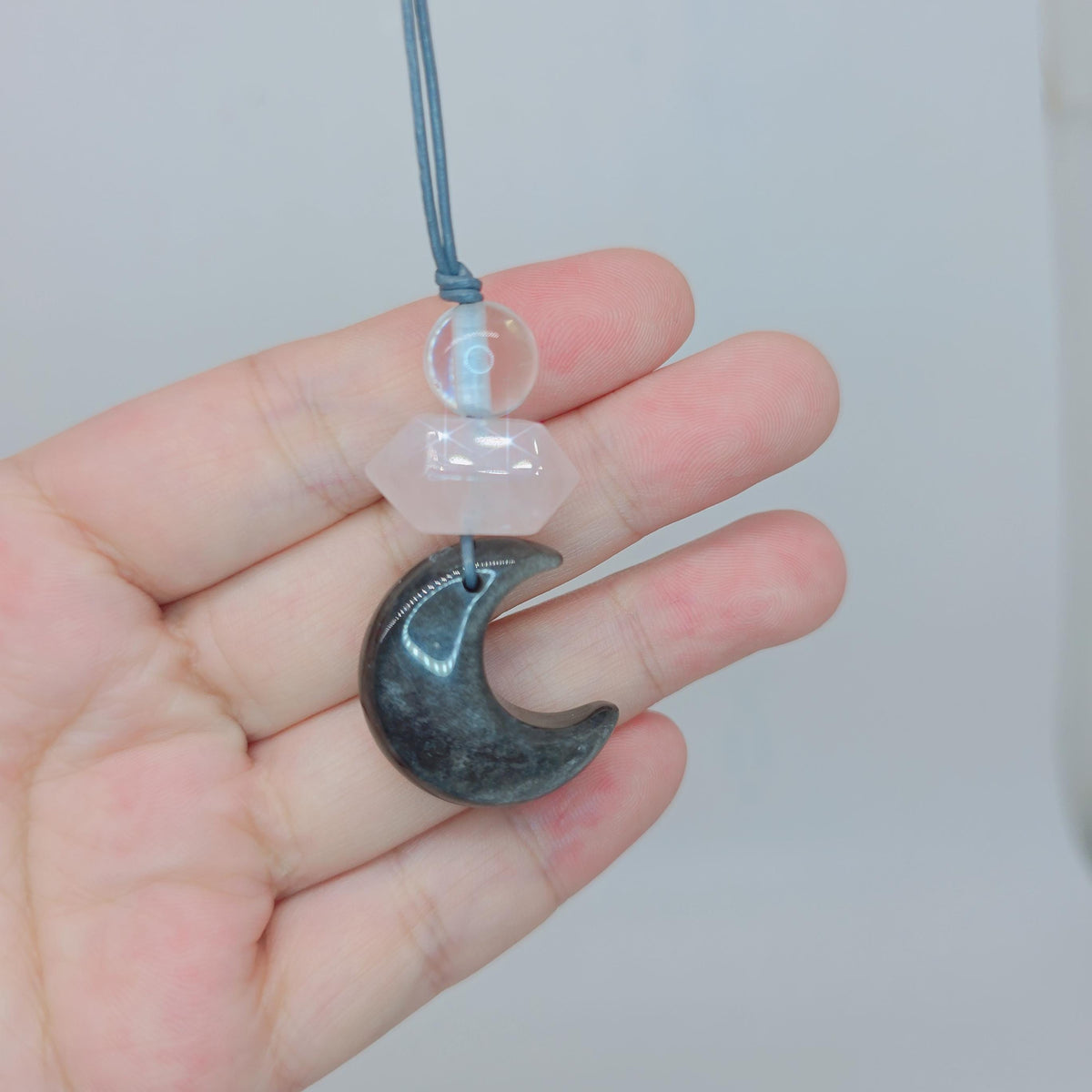 Obsidian Moon necklace Chunky Geometric Rose Quartz Pendant. Adjustable leather cord up to 24 inches, Crescent Jewelry Protective Obsidian.