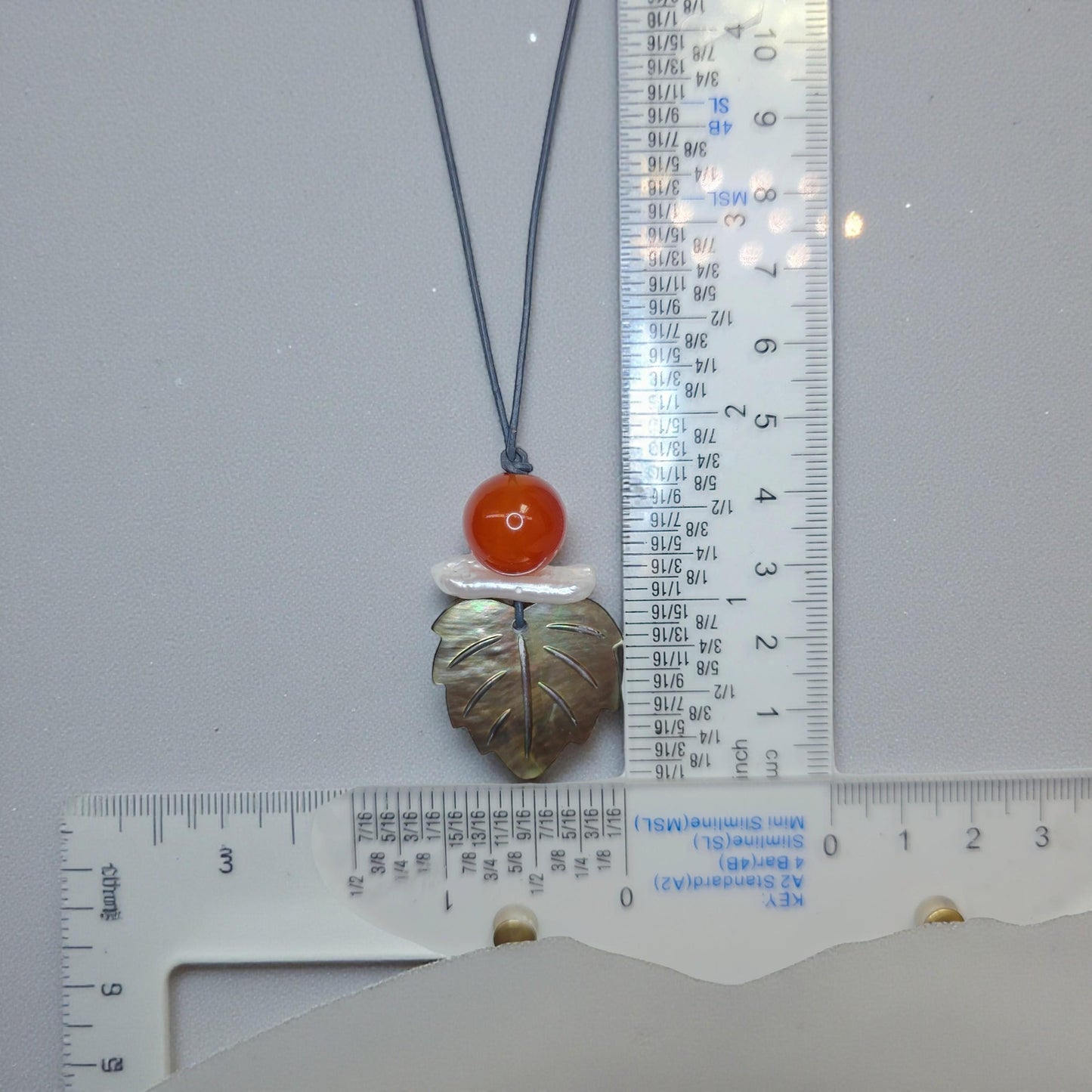 Red Carnelian Pearl Shell Leaf Necklace, Chunky Geometric Statement Jewelry, July Birthstone Gift for Her, Adjustable Leather Cord