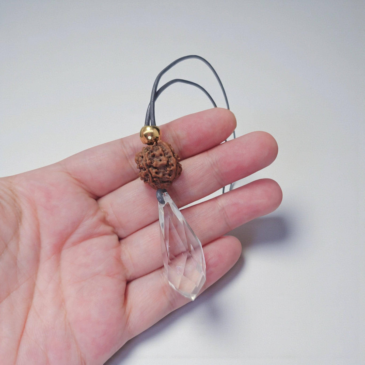 Clear Quartz Point Necklace, Chunky Rudraksha Seed Zen Jewelry, Spiritual Meditation Amulet Pendant, Adjustable Leather Cord