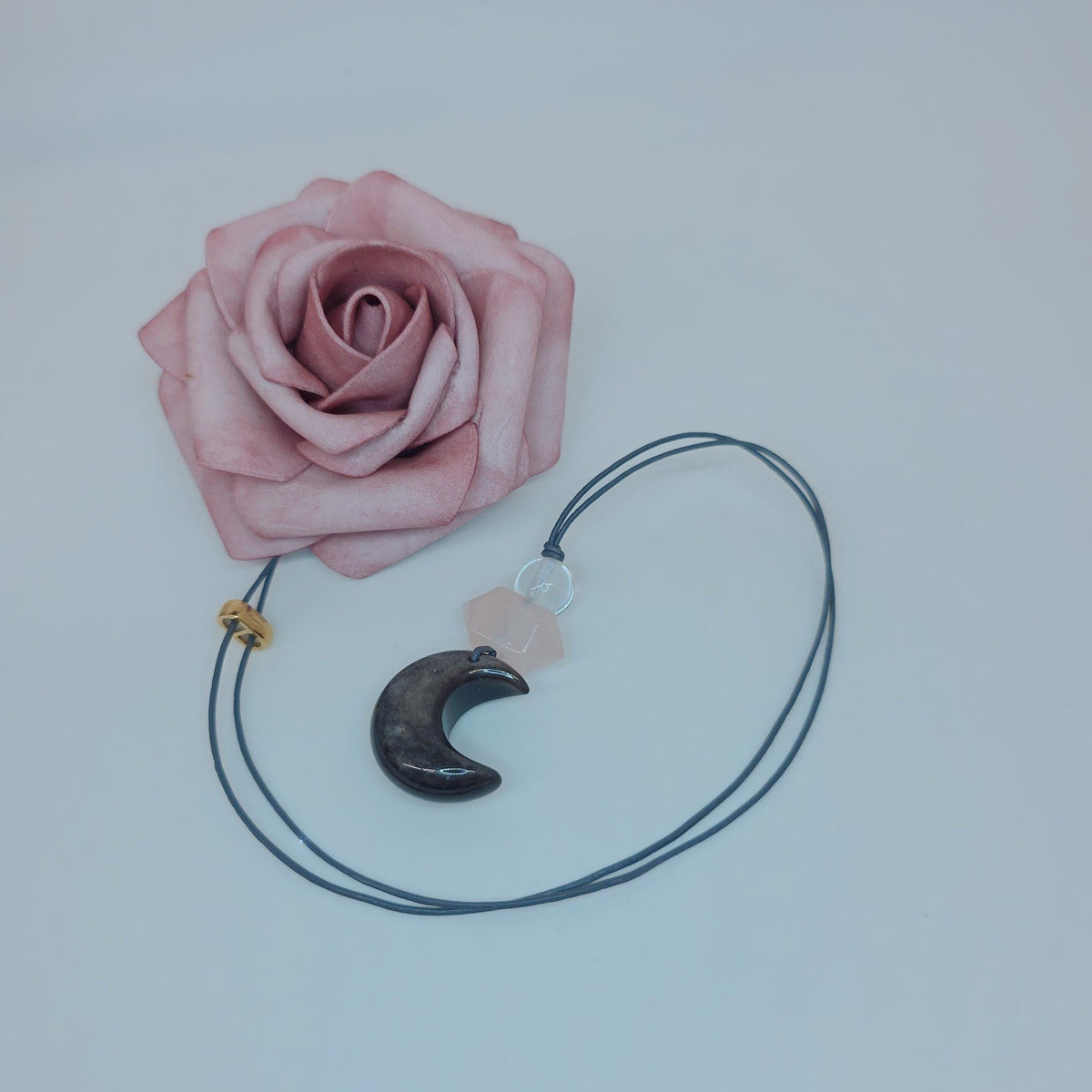Obsidian Moon necklace Chunky Geometric Rose Quartz Pendant. Adjustable leather cord up to 24 inches, Crescent Jewelry Protective Obsidian.