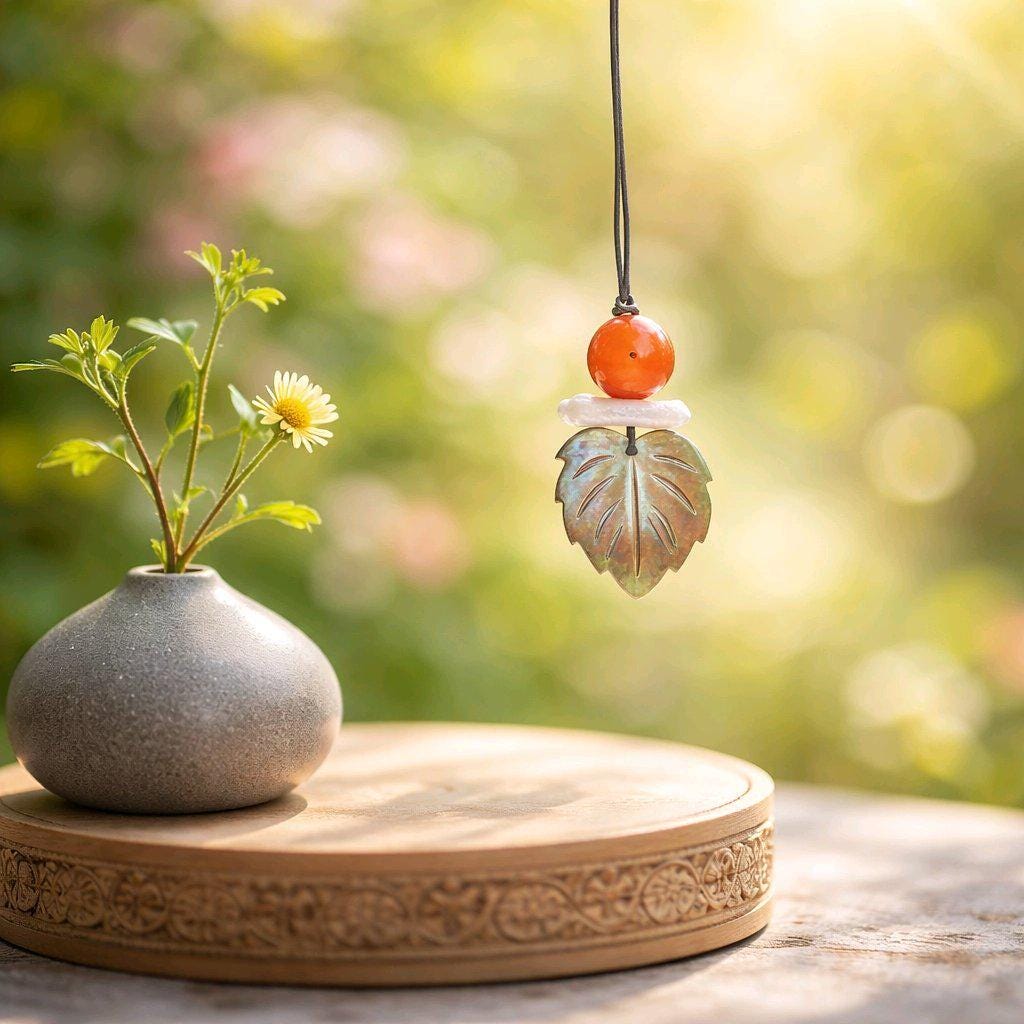 Red Carnelian Pearl Shell Leaf Necklace, Chunky Geometric Jewelry, July Birthstone Gift for Her, Adjustable Leather Cord