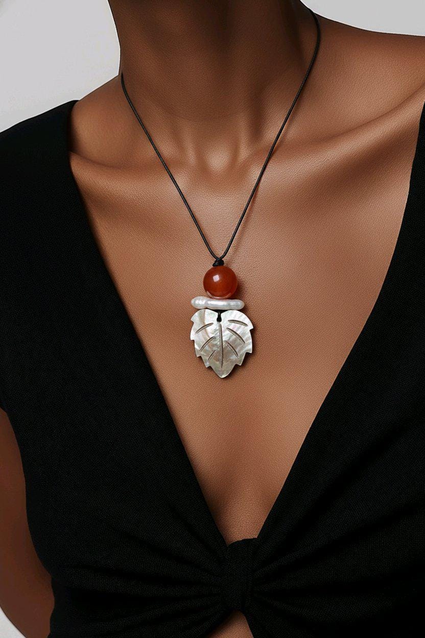 Red Carnelian Pearl Shell Leaf Necklace, Chunky Geometric Jewelry, July Birthstone Gift for Her, Adjustable Leather Cord