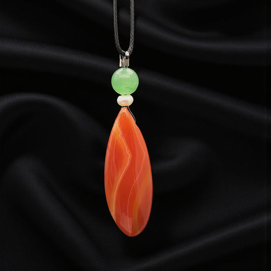 Red Orange Agate Teardrop Necklace, Green Aventurine & Pearl, Adjustable Black Cord, Luck and Calming Energy chunky stone jewelry #2326